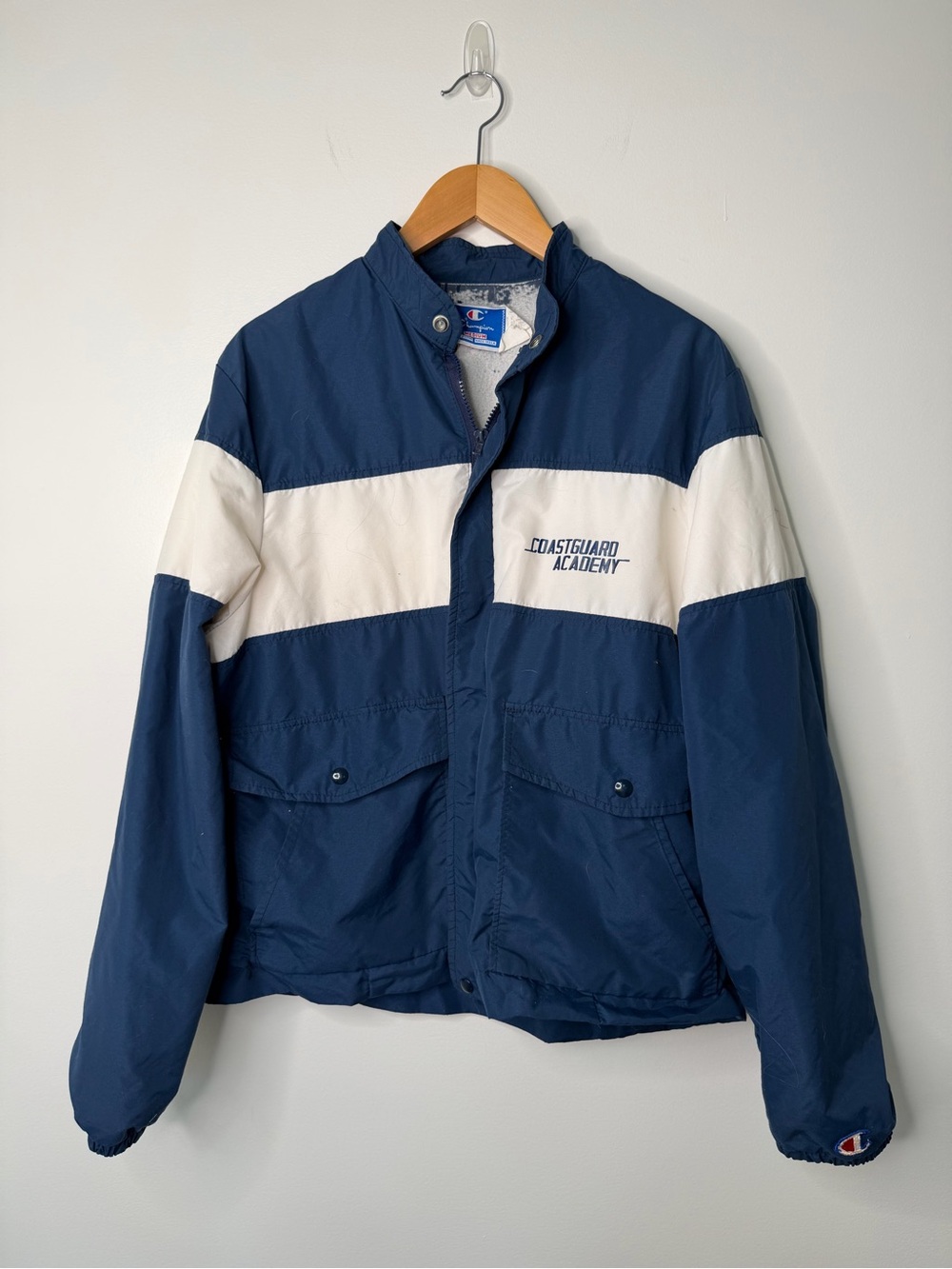 Vintage Champion Coast Guard Academy Blue White Snap Front Windbreaker Jacket M